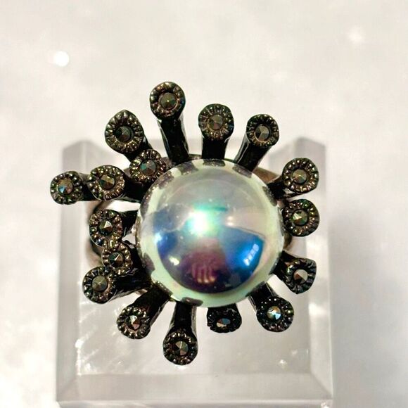 Vintage Sterling Silver Black Pearl & Marcasite Starburst Enchanted Cocktail Rin - Picture 3 of 5